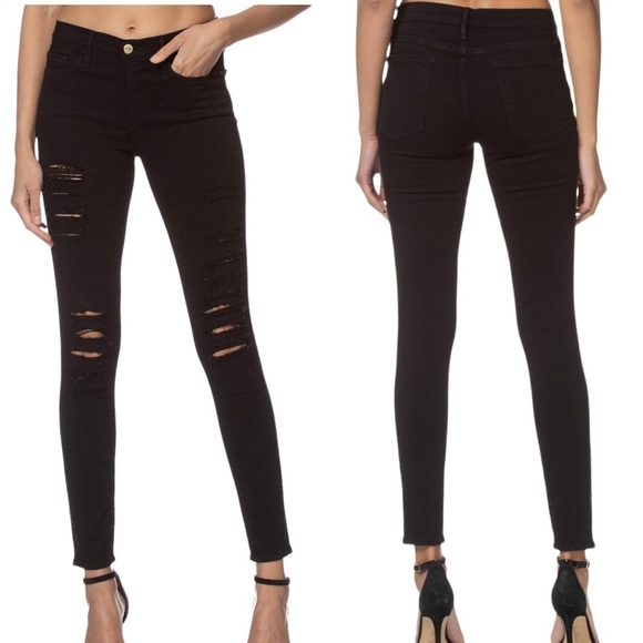 Frame Le Skinny De Jeanne Noir Ripped Jeans - Picture 1 of 16